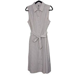 NWT Anne Klein Sleeveless Tan & White Striped Button Casual Dress Size 14